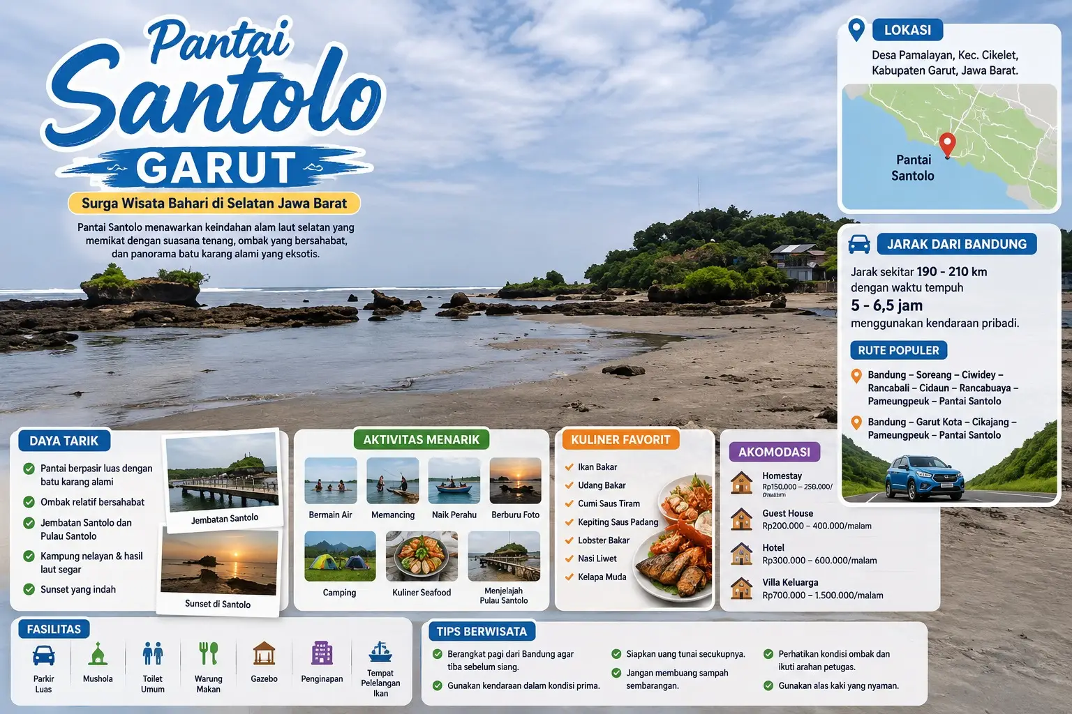 Pantai Santolo Garut: Surga Wisata Bahari di Selatan Jawa Barat, Lengkap dengan Akomodasi, Rute, dan Jarak dari Bandung