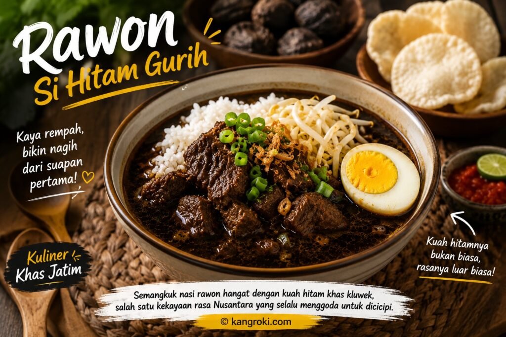 Nasi rawon khas Jawa Timur dengan kuah hitam kluwek, daging sapi, tauge dan telur asin.